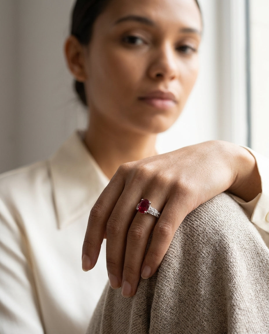 Ruby Oval And Diamond Ring 18k White Gold — editorial close-up