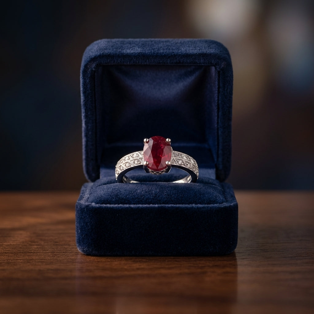 Ruby Oval And Diamond Ring 18k White Gold — gift presentation