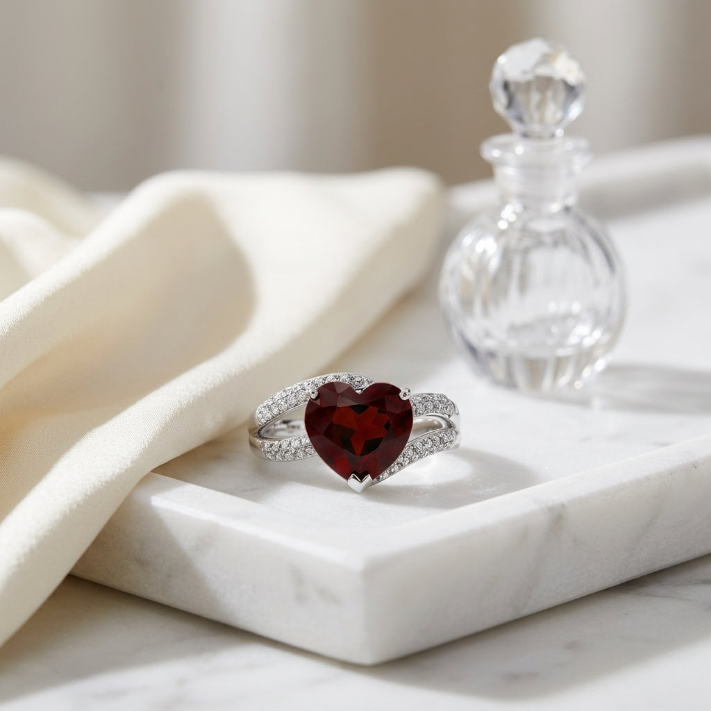 18kw Heart Shaped Garnet & Diamond Ring — atelier still life