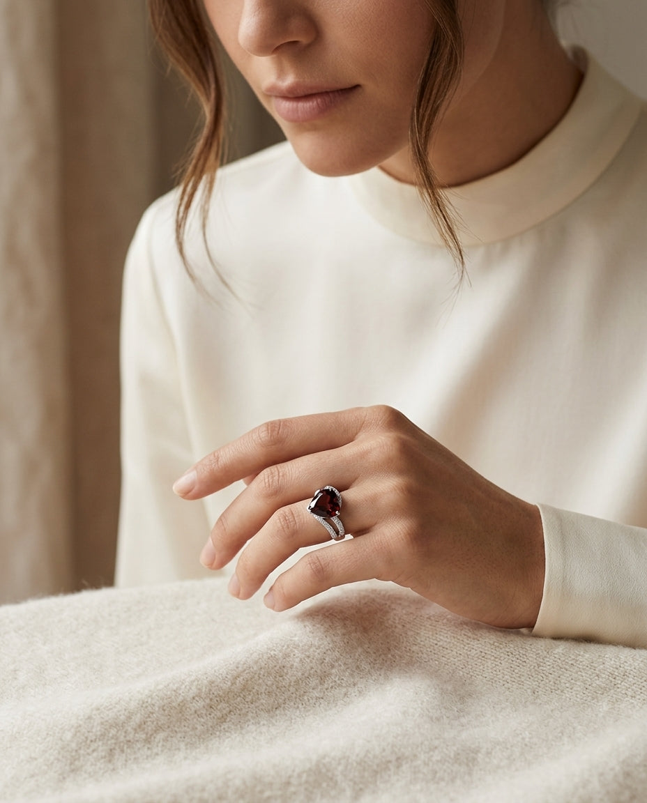 18kw Heart Shaped Garnet & Diamond Ring — editorial close-up