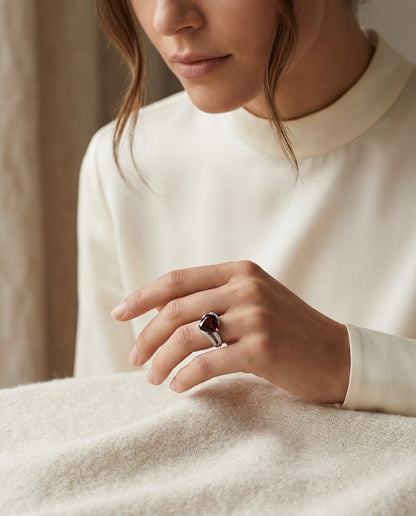 18kw Heart Shaped Garnet & Diamond Ring — editorial close-up