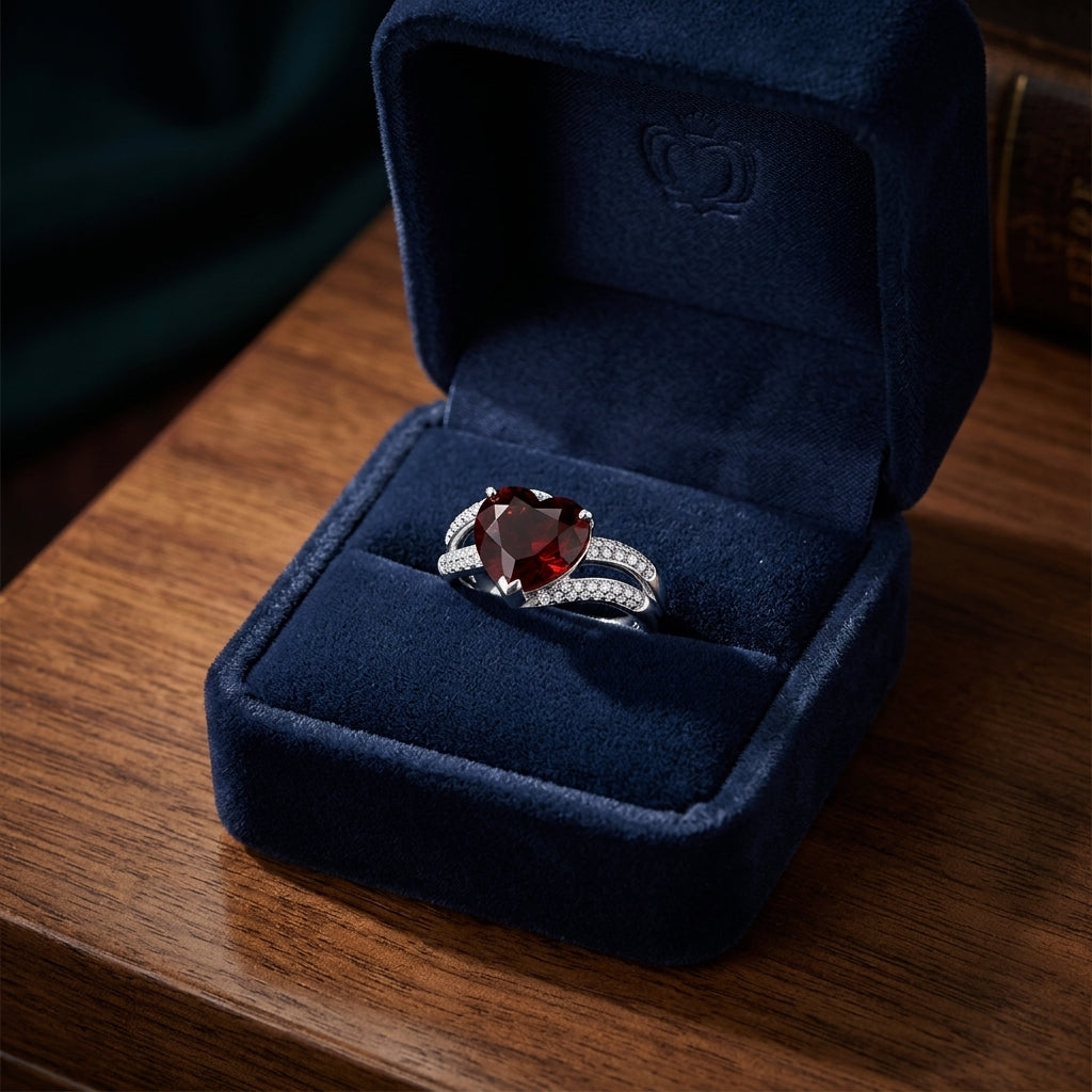 18kw Heart Shaped Garnet & Diamond Ring — gift presentation