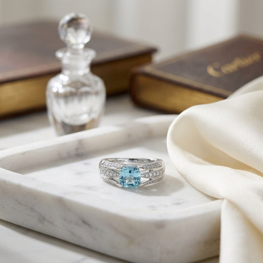Aquamarine And Diamond Three Row Cushion Center Ring In 18k White Gold — atelier still life