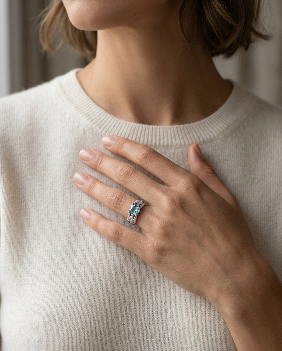 Aquamarine And Diamond Three Row Cushion Center Ring In 18k White Gold — editorial close-up