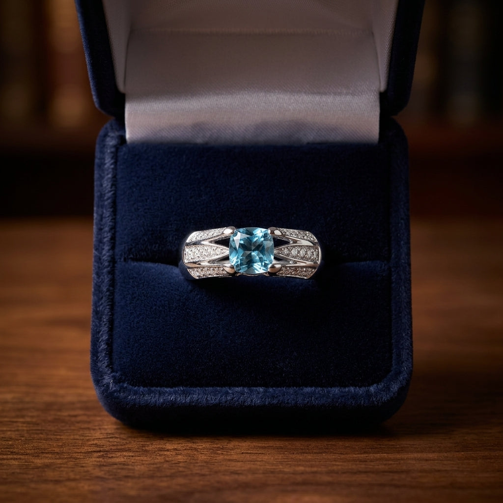 Aquamarine And Diamond Three Row Cushion Center Ring In 18k White Gold — gift presentation