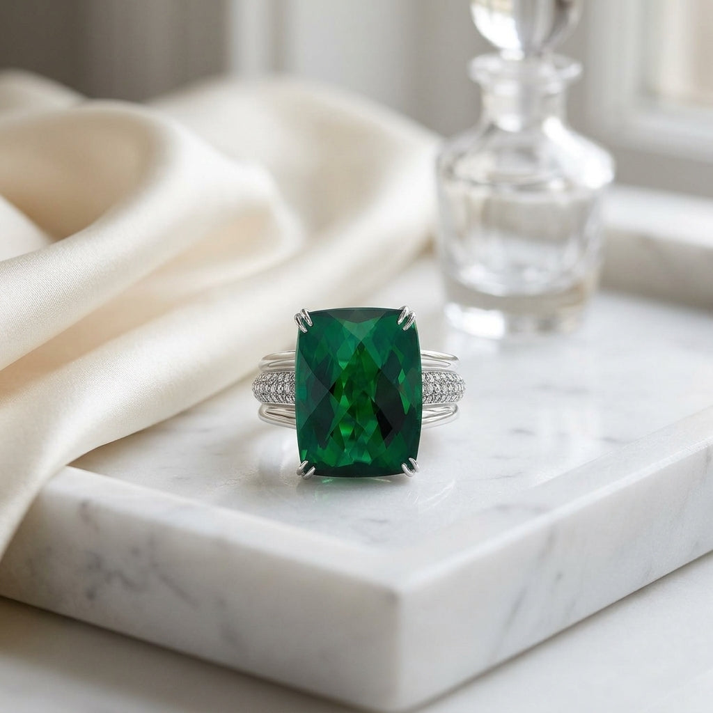 Green Tourmaline And Diamond Ring In 18k White Gold — atelier still life