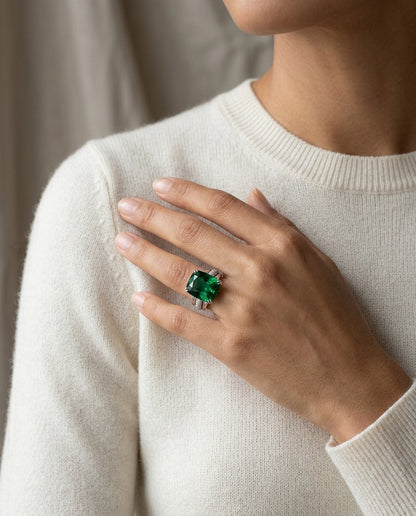 Green Tourmaline And Diamond Ring In 18k White Gold — editorial close-up
