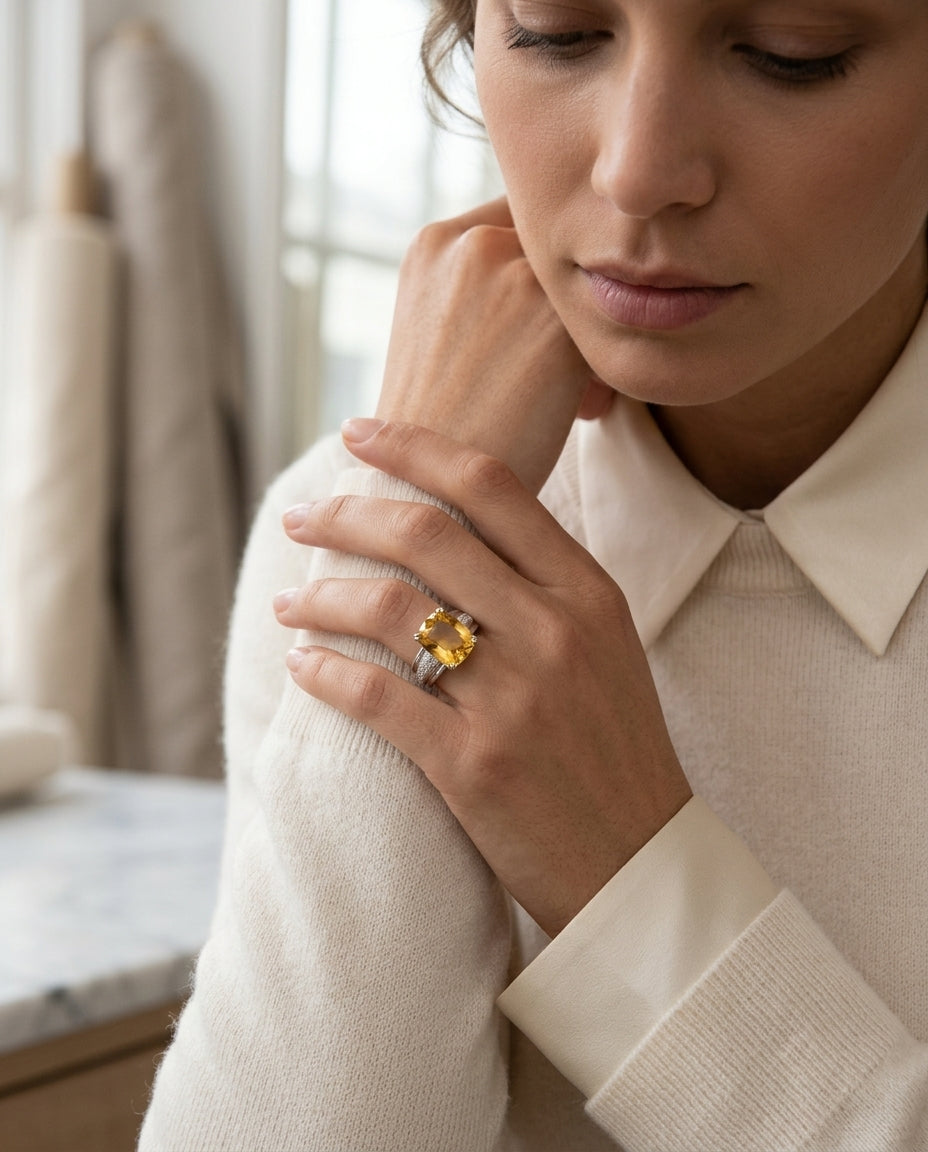 Golden Beryl And Diamond Ring In 18k White Gold — editorial close-up