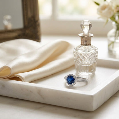 Sapphire Round And Diamond Ring 18k White Gold — marble silk