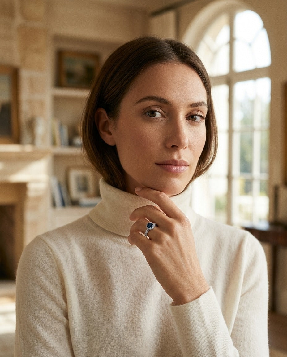 Sapphire Round And Diamond Ring 18k White Gold — portrait full