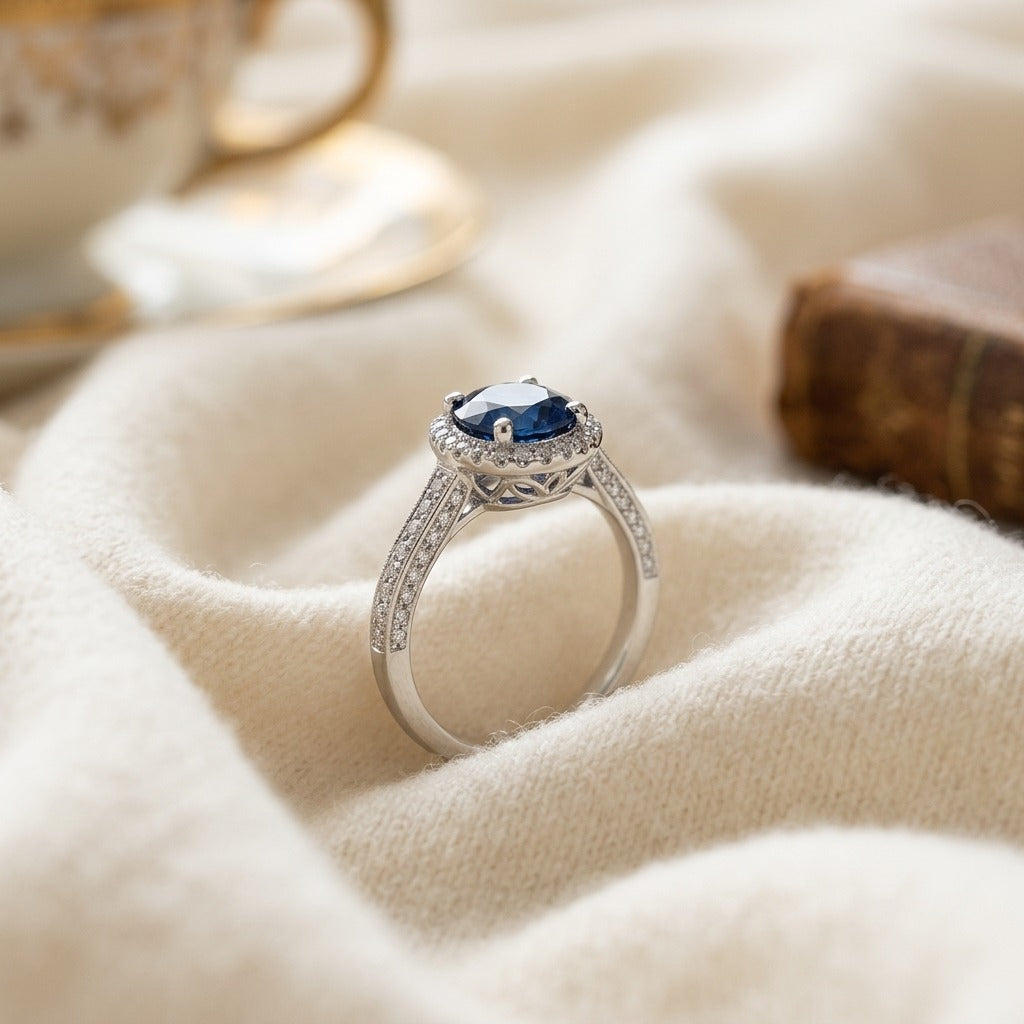 Sapphire Round And Diamond Ring 18k White Gold — textile flat lay