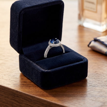Sapphire Round And Diamond Ring 18k White Gold — velvet box