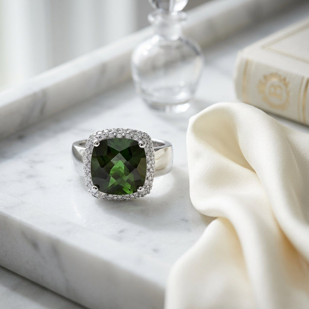 Green Tourmaline And Diamond Cushion Pave Ring In 18k White Gold (0.80ctw) — atelier still life