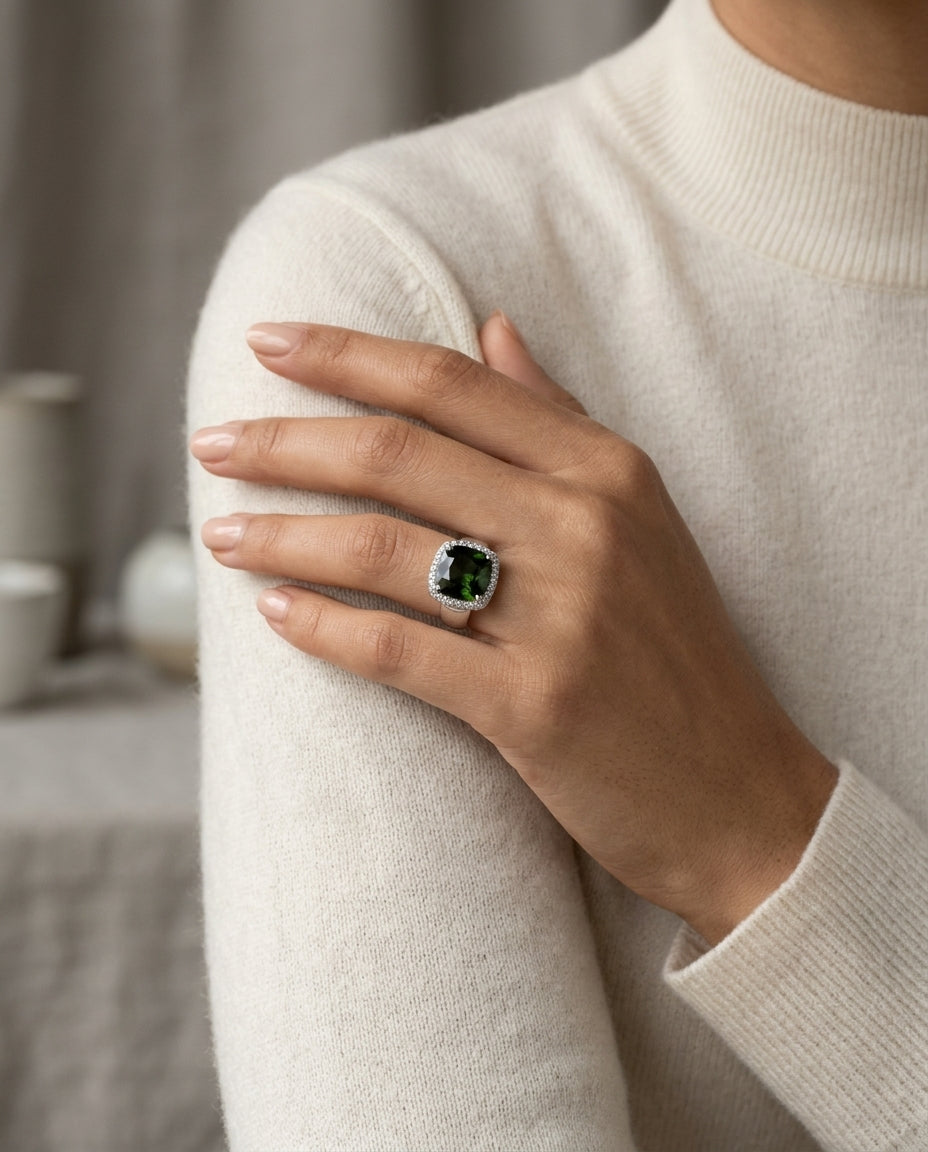 Green Tourmaline And Diamond Cushion Pave Ring In 18k White Gold (0.80ctw) — editorial close-up
