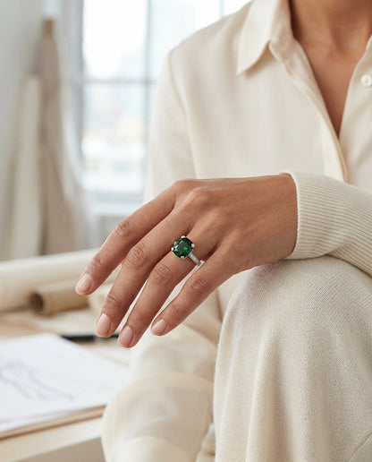 Green Tourmaline And Diamond Filigree Ring In 18k White Gold — editorial close-up