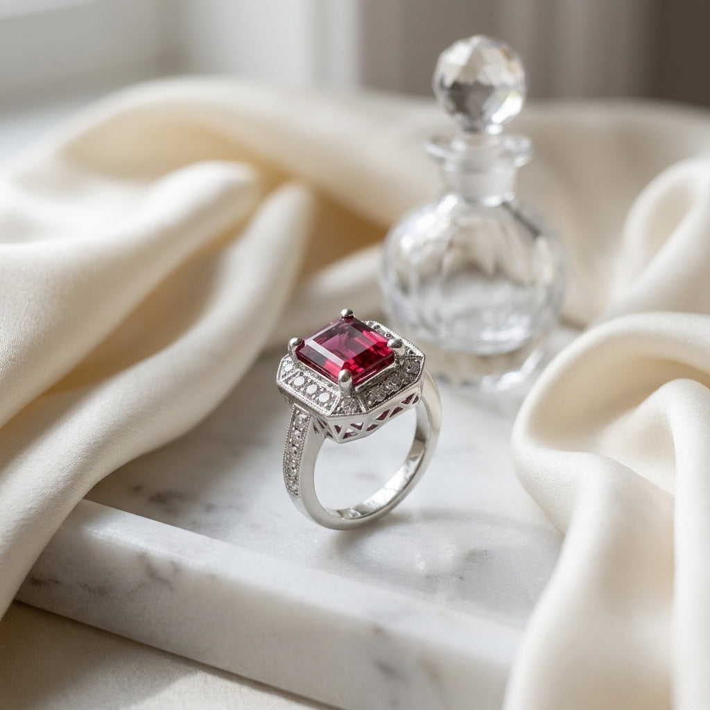 Pink Tourmaline & Diamond Pave Halo Ring In 18k White Gold — atelier still life