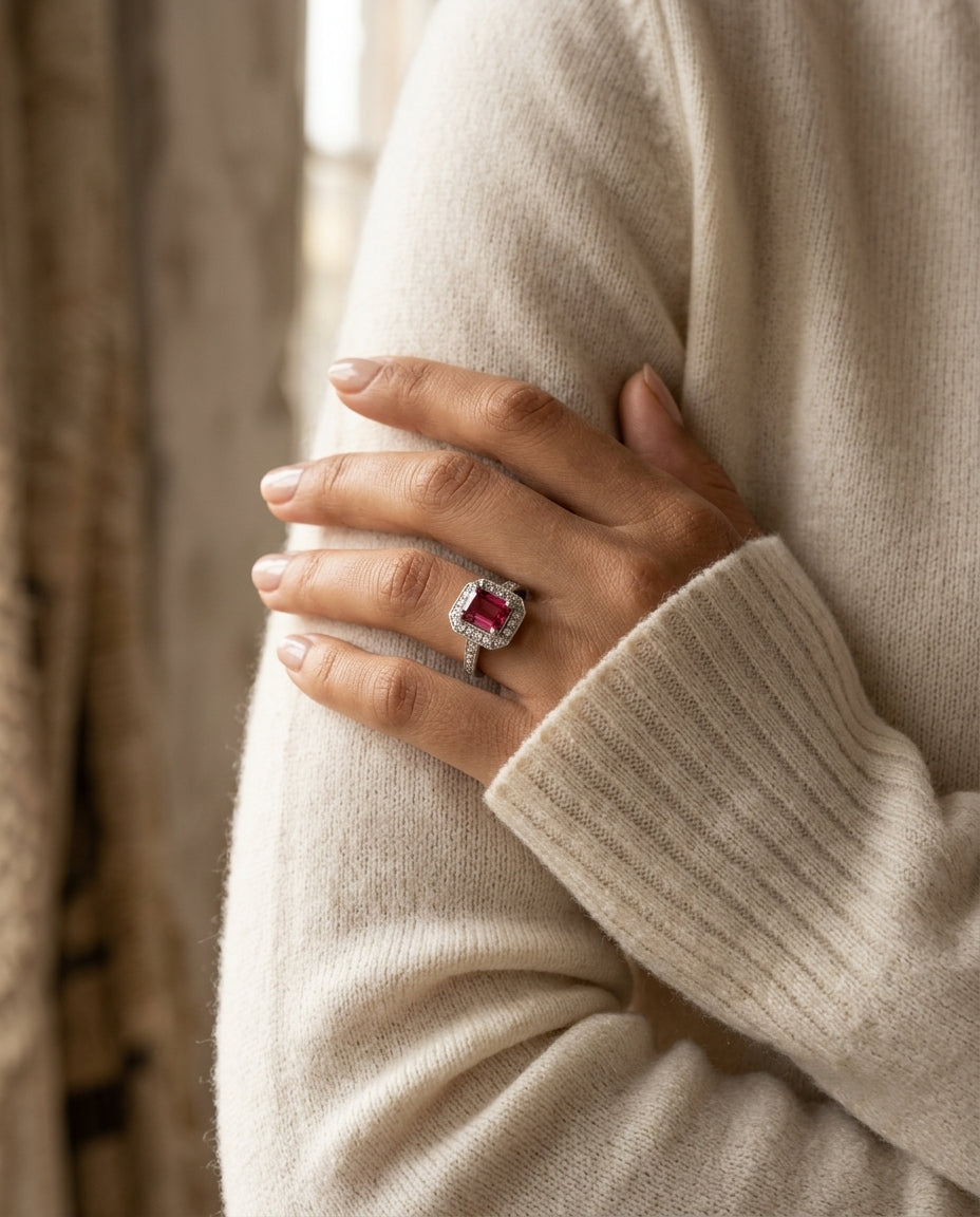 Pink Tourmaline & Diamond Pave Halo Ring In 18k White Gold — editorial close-up