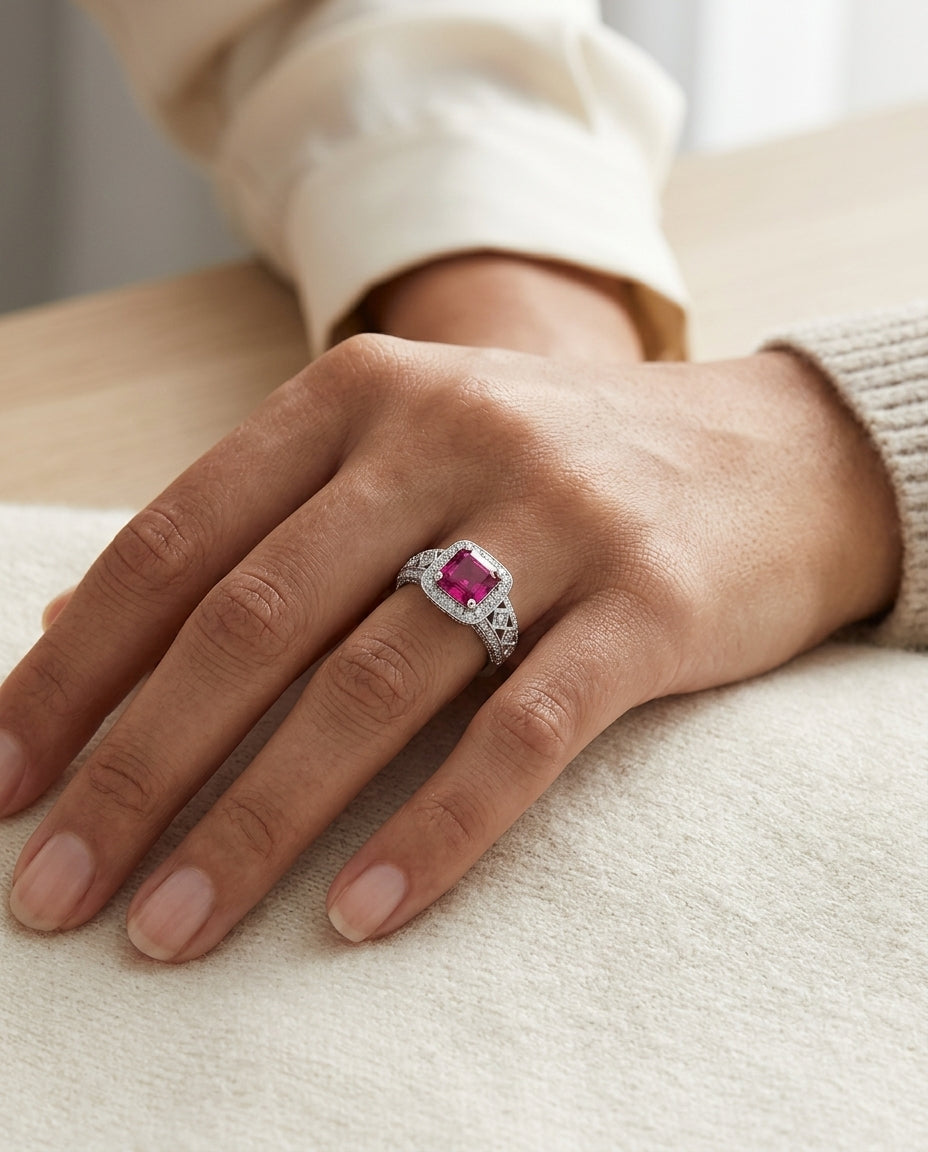 Ruby Ascher And Diamond Halo Ring 18k White Gold — editorial close-up