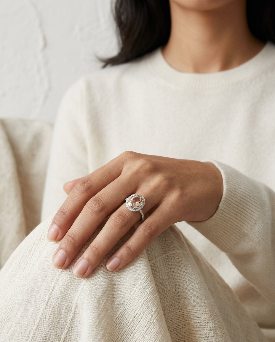 Morganite Oval & Diamond Ring In 18k White Gold — editorial close-up