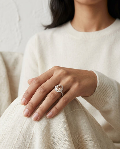 Morganite Oval & Diamond Ring In 18k White Gold — editorial close-up
