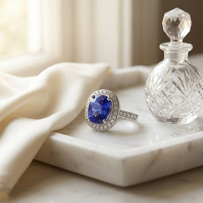 Sapphire And Diamond Cushion Halo Ring With Pave Shoulders And Gallery In 18k White Gold — marble silk