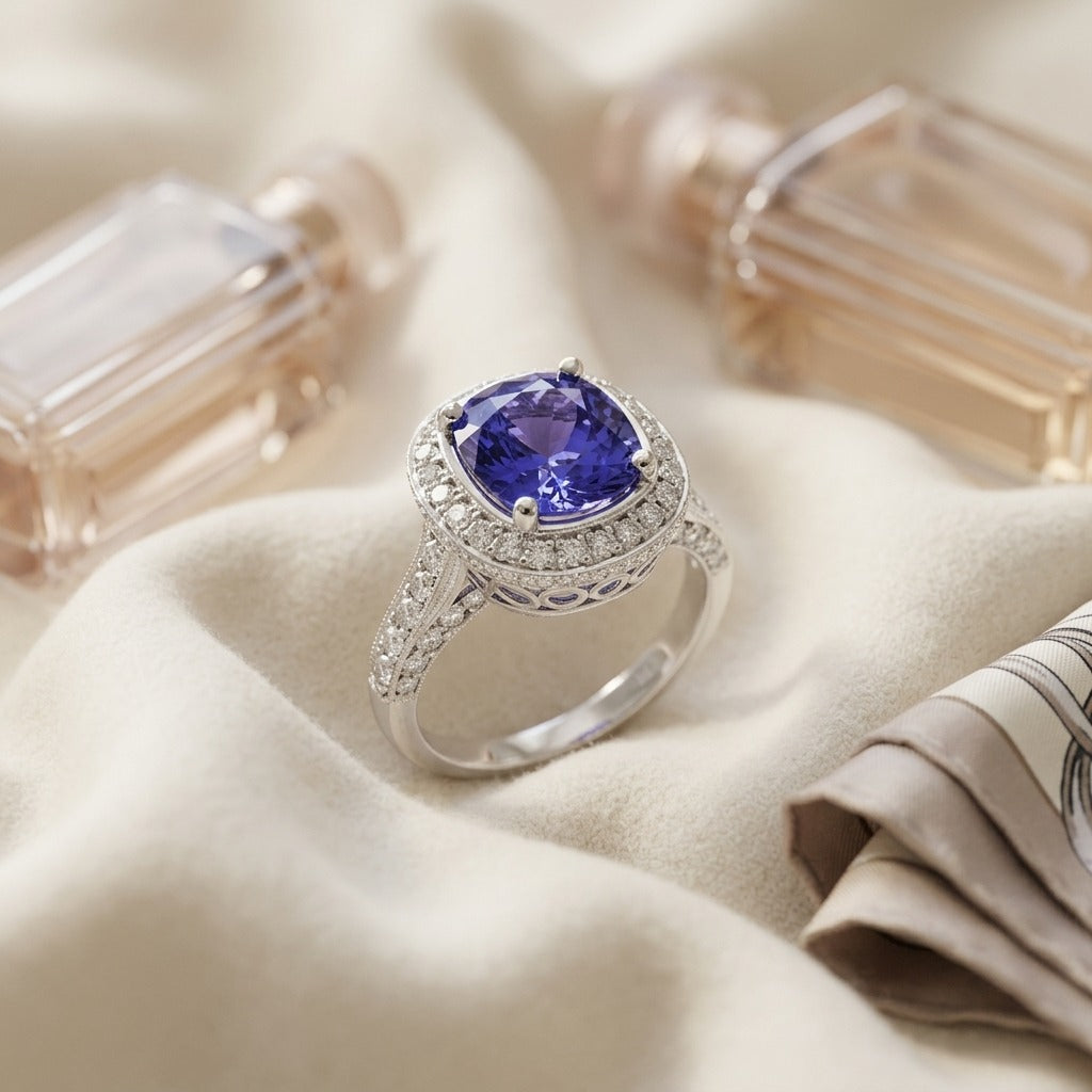 Sapphire And Diamond Cushion Halo Ring With Pave Shoulders And Gallery In 18k White Gold — textile flat lay