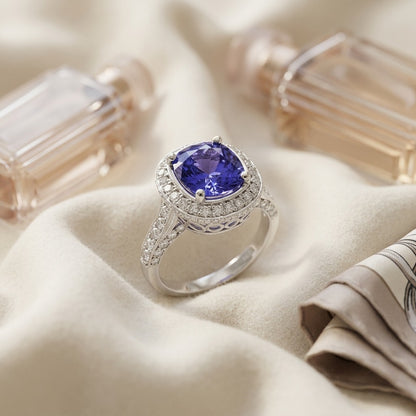 Sapphire And Diamond Cushion Halo Ring With Pave Shoulders And Gallery In 18k White Gold — textile flat lay