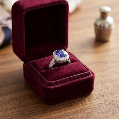 Sapphire And Diamond Cushion Halo Ring With Pave Shoulders And Gallery In 18k White Gold — velvet box