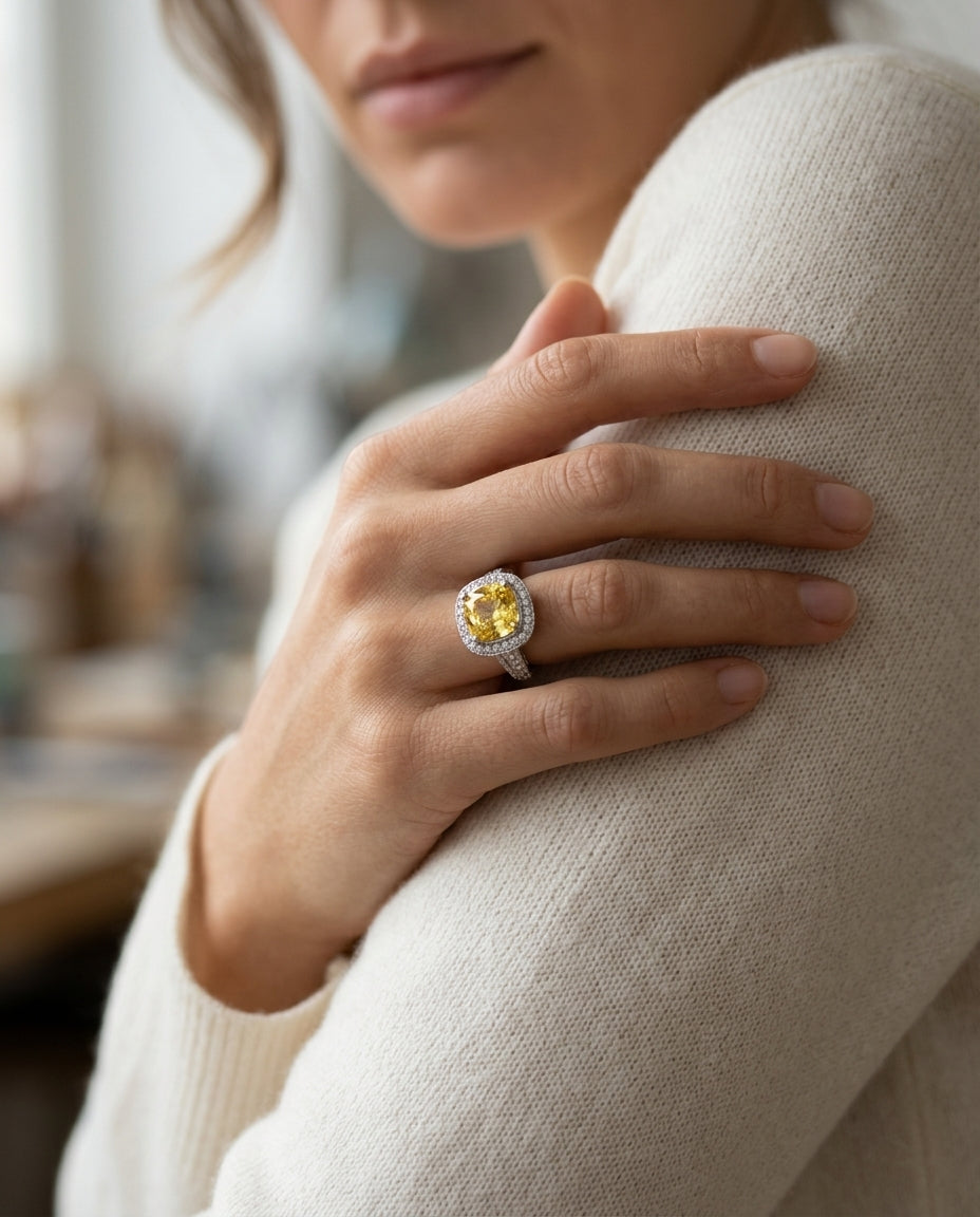 Yellow Sapphire And Diamond Ring 18k White Gold — editorial close-up