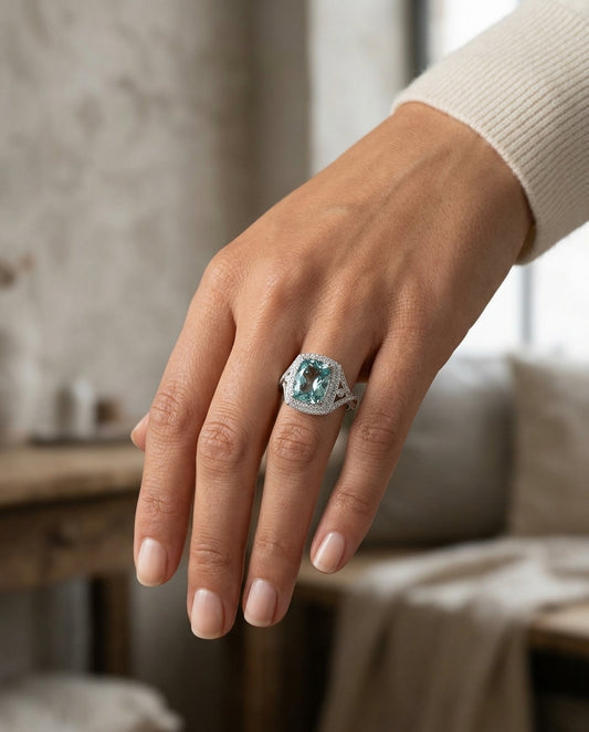 Aquamarine & Diamond Pave Ring In 18kwg — editorial close-up