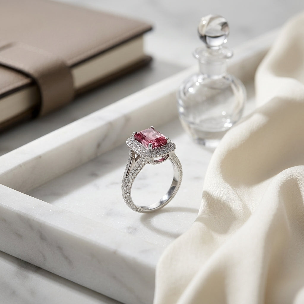 Pink Tourmaline Ring With Pave Diamond Halo & Split Shank In 18k White Gold — atelier still life