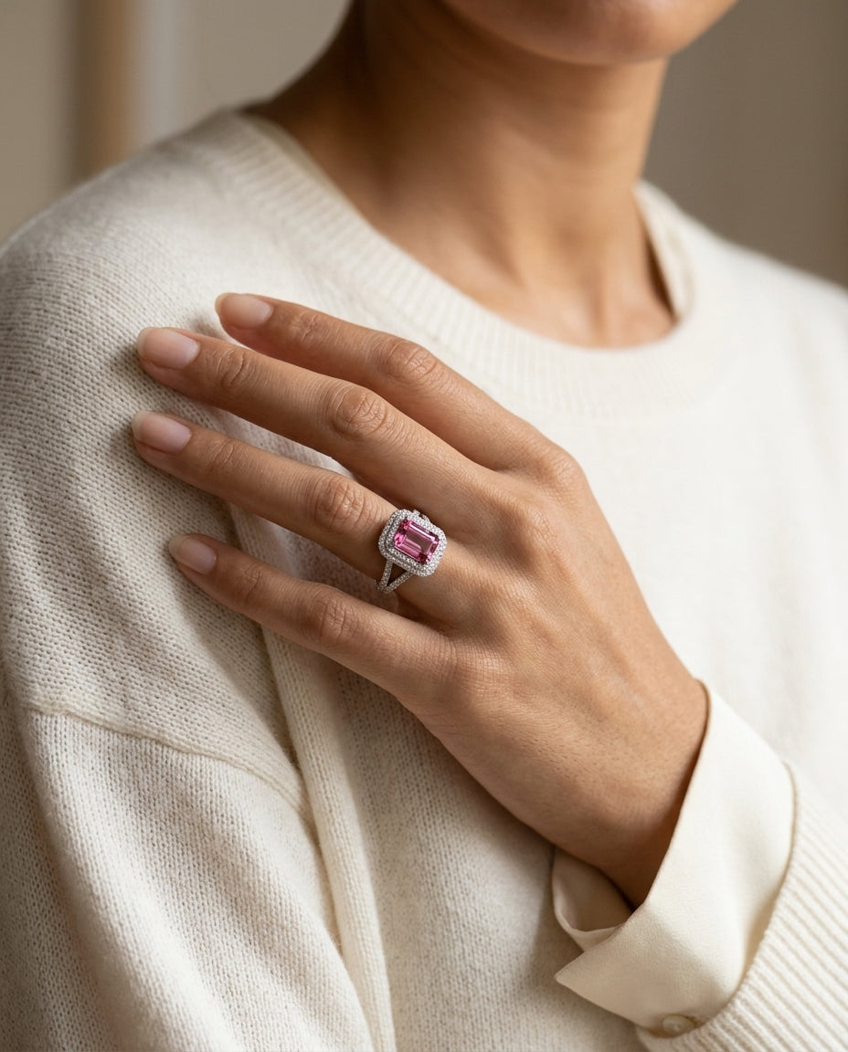 Pink Tourmaline Ring With Pave Diamond Halo & Split Shank In 18k White Gold — editorial close-up