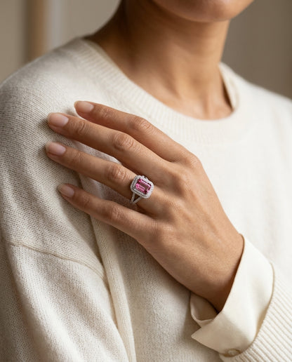 Pink Tourmaline Ring With Pave Diamond Halo & Split Shank In 18k White Gold — editorial close-up
