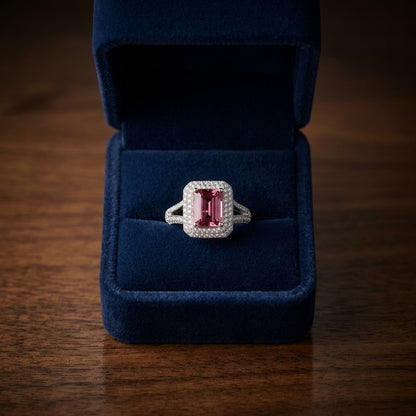 Pink Tourmaline Ring With Pave Diamond Halo & Split Shank In 18k White Gold — gift presentation