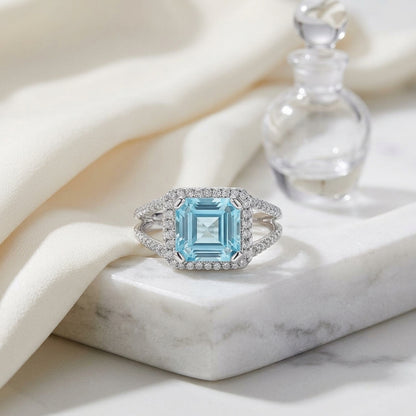 Aquamarine Octagon-cut And Diamond Halo Ring With Split Shank And East-west Setting In 18k White Gold — atelier still life
