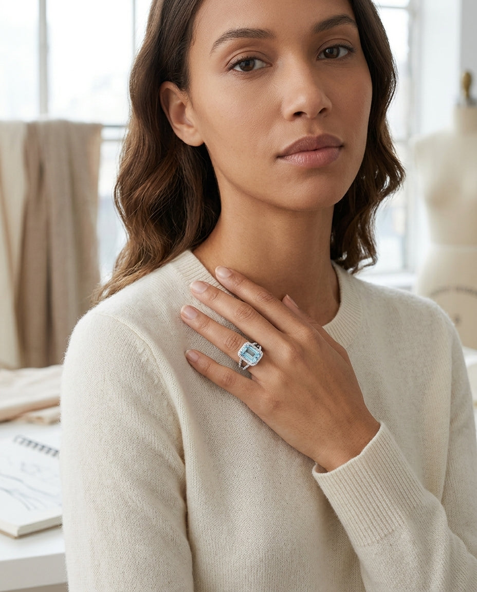 Aquamarine Octagon-cut And Diamond Halo Ring With Split Shank And East-west Setting In 18k White Gold — editorial close-up