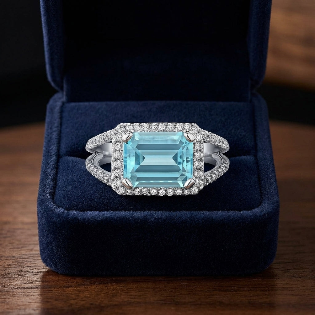 Aquamarine Octagon-cut And Diamond Halo Ring With Split Shank And East-west Setting In 18k White Gold — gift presentation