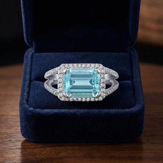 Aquamarine Octagon-cut And Diamond Halo Ring With Split Shank And East-west Setting In 18k White Gold — gift presentation