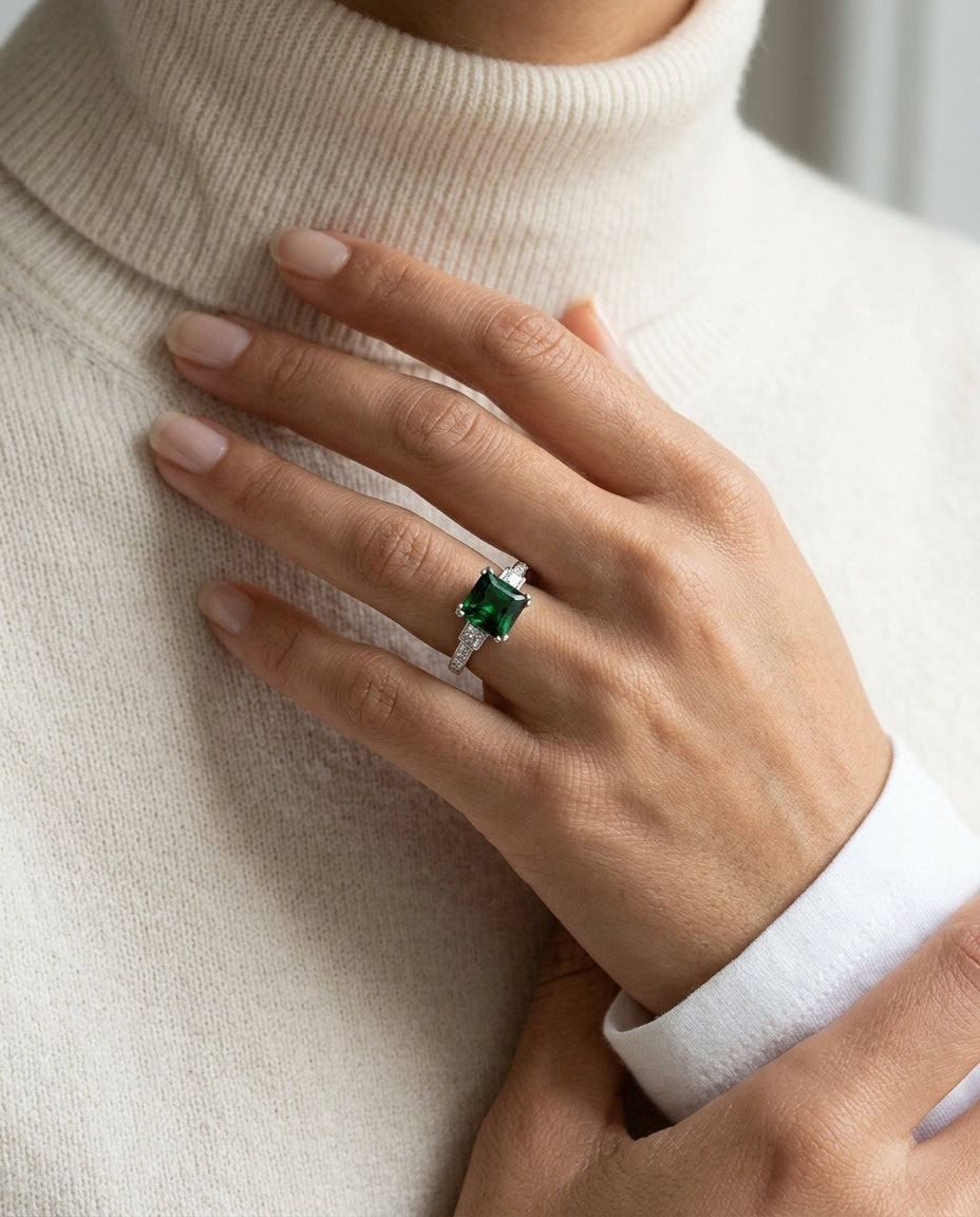 Green Tourmaline And Diamond Step Ring In 18k White Gold — editorial close-up