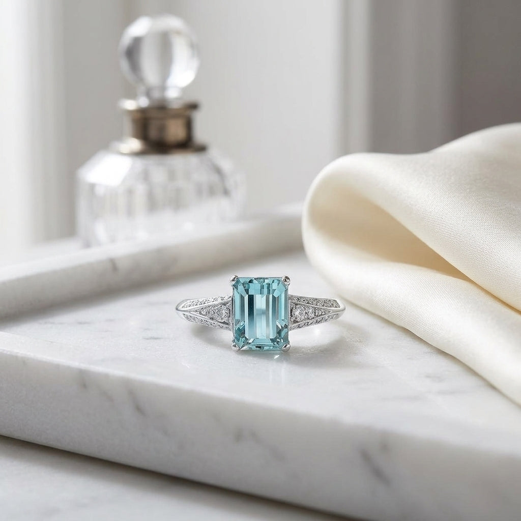 Aquamarine And Diamond Ring In 18k White Gold — atelier still life