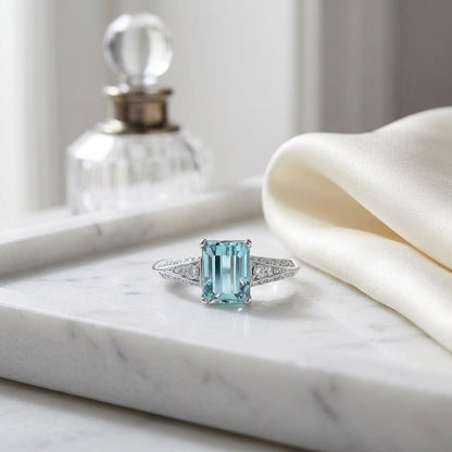 Aquamarine And Diamond Ring In 18k White Gold — atelier still life