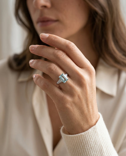 Aquamarine And Diamond Ring In 18k White Gold — editorial close-up