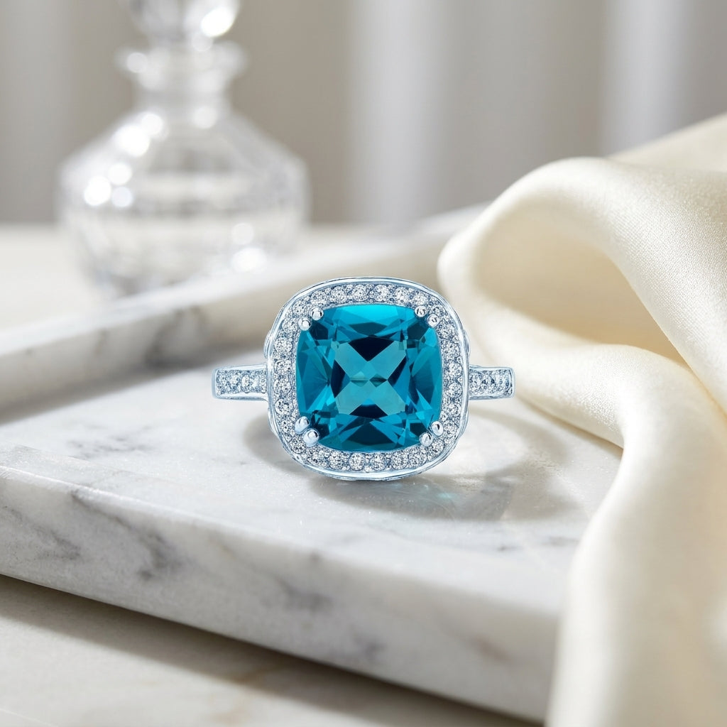 Swiss Blue Topaz Cushion Cut And Diamond Ring In 18k White Gold — atelier still life
