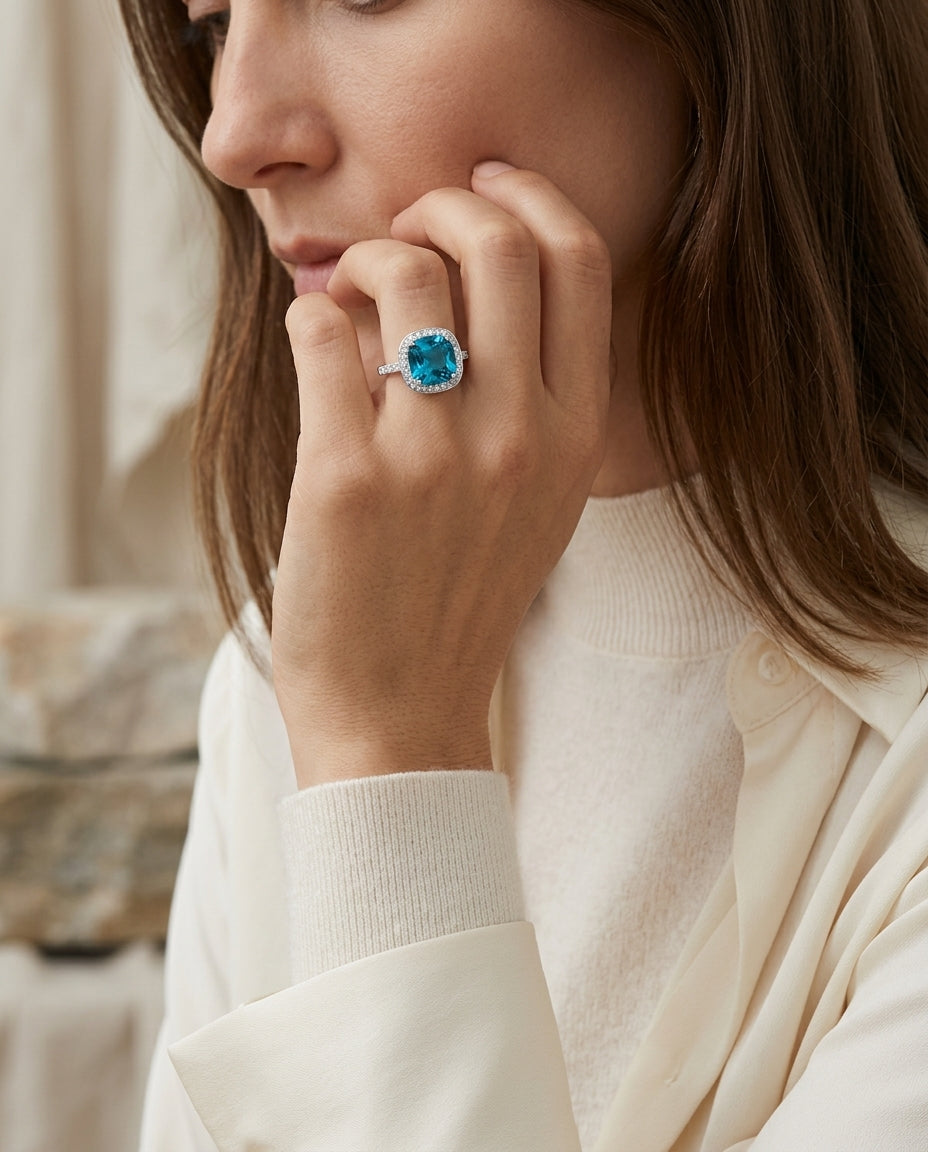 Swiss Blue Topaz Cushion Cut And Diamond Ring In 18k White Gold — editorial close-up