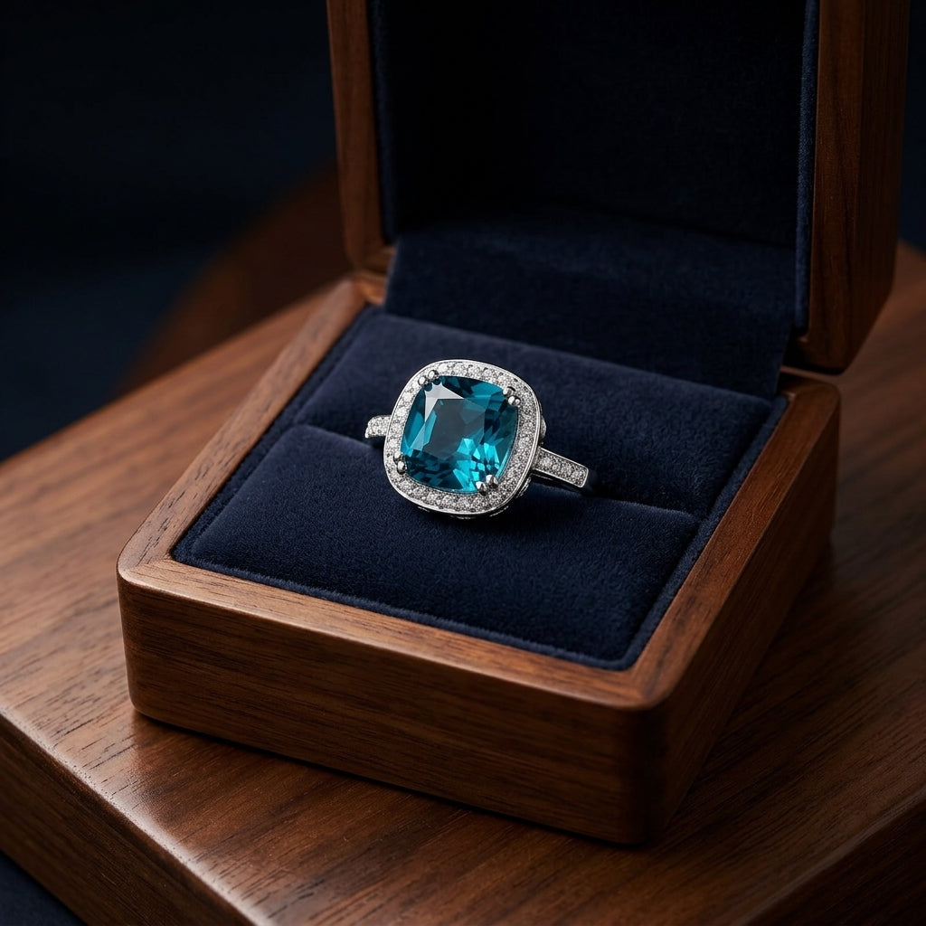 Swiss Blue Topaz Cushion Cut And Diamond Ring In 18k White Gold — gift presentation