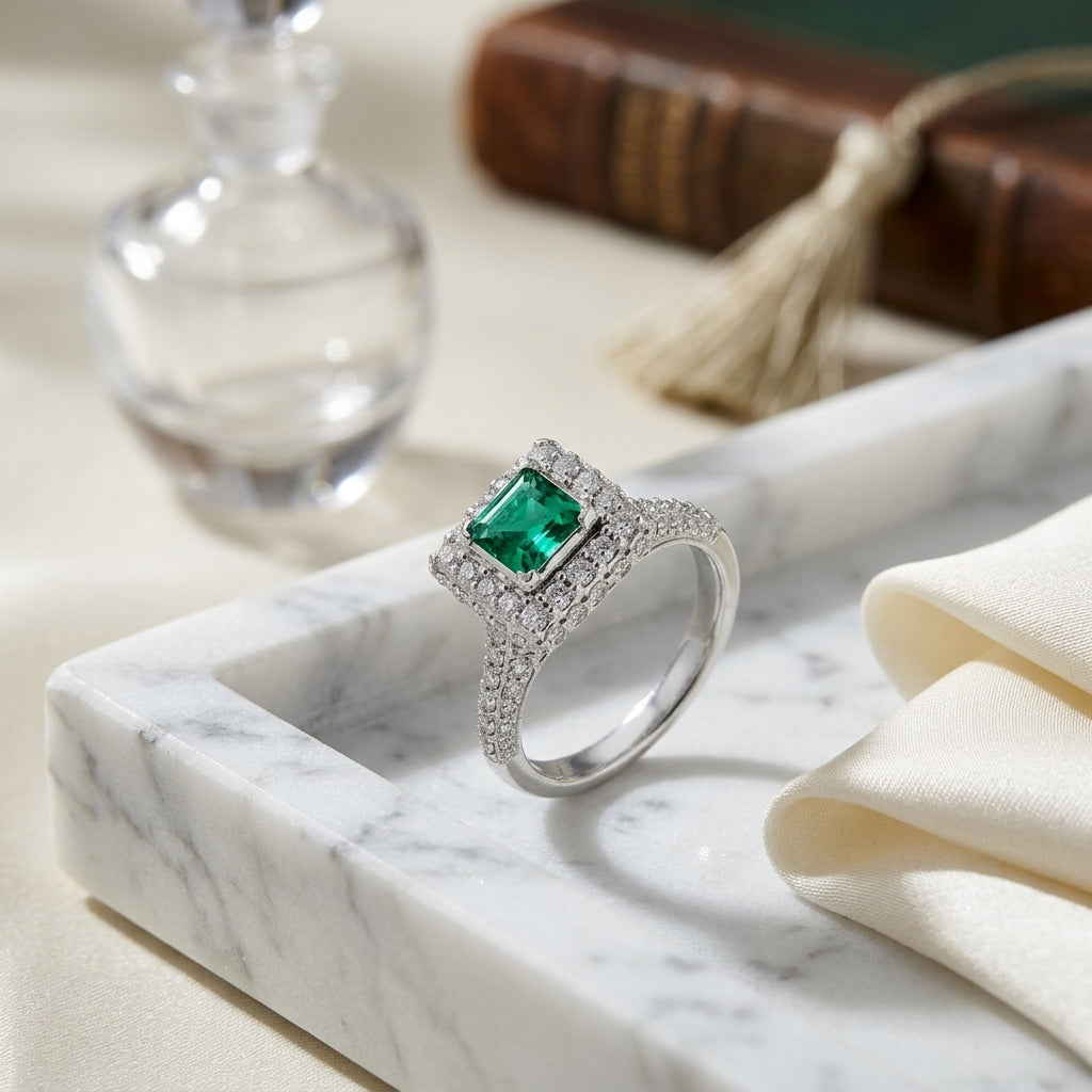 Green Tourmaline And Diamond Square Halo Ring In 18k White Gold — atelier still life