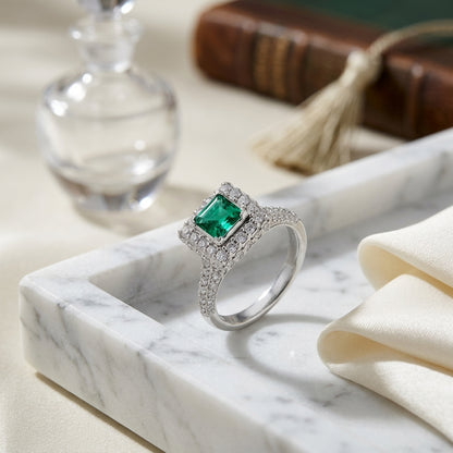 Green Tourmaline And Diamond Square Halo Ring In 18k White Gold — atelier still life