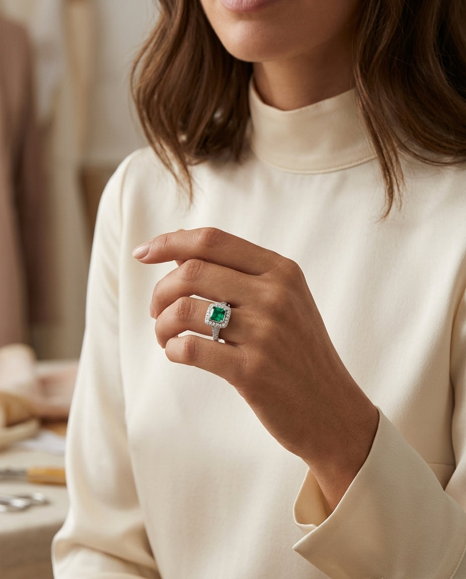 Green Tourmaline And Diamond Square Halo Ring In 18k White Gold — editorial close-up