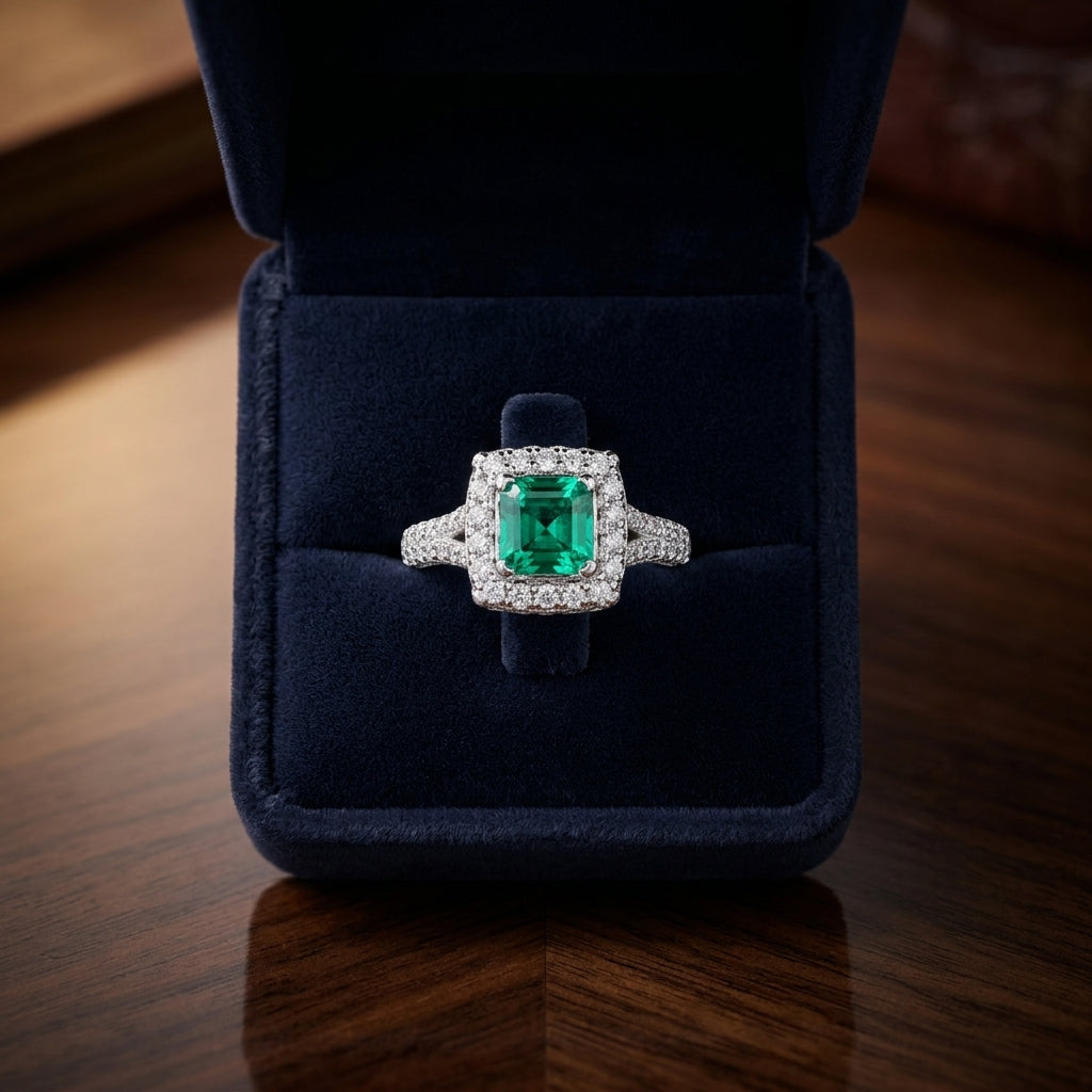 Green Tourmaline And Diamond Square Halo Ring In 18k White Gold — gift presentation