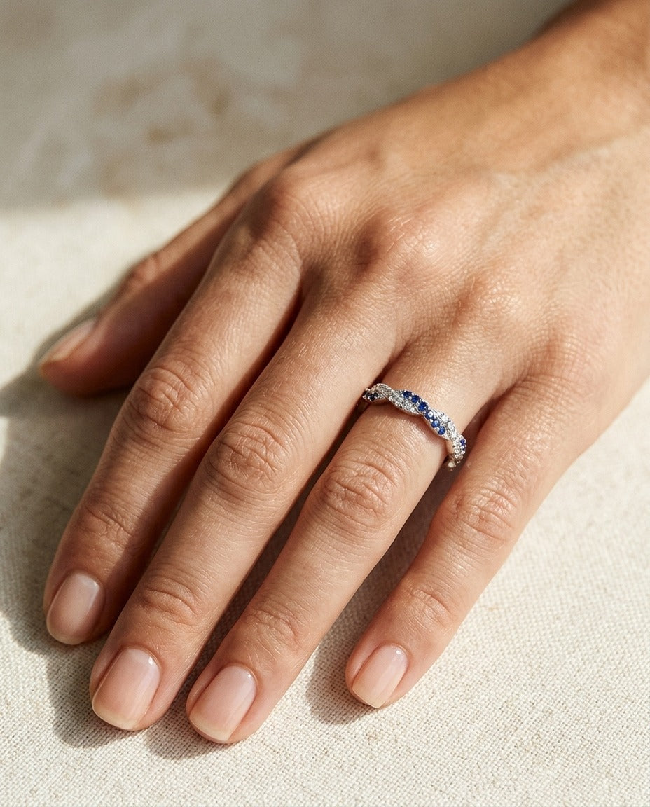 Sapphire and Diamond Twist Eternity Band in 18k White Gold — portrait close